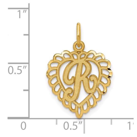 14k Yellow Gold, Grace Collection, Satin Heart Initial R Pendant, 15mm - Picture 4 of 5